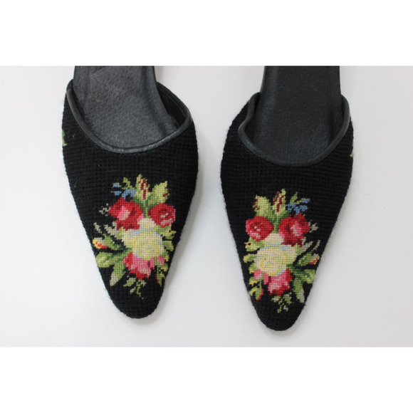 The Larkspur Collection Needle Point Leather Trim Heels Mules M - Picture 2 of 9